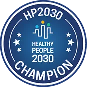 A blue badge with the words hp 2 0 3 0 champion